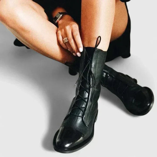 Women's Leather Lace Up Mid Calf Boots - Black