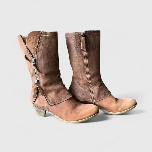 Women's Brown Leather Mid Calf Boots - Brown