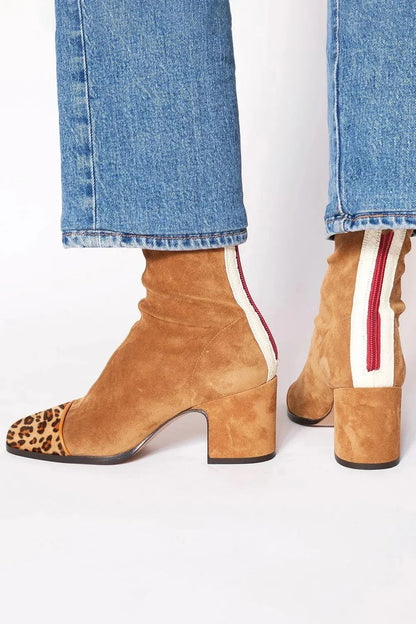 Women's Suede Knee High Block Heel Boots - Dark Brown