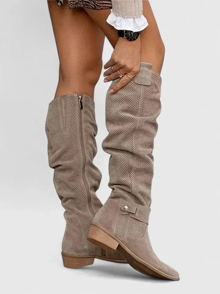 Women's Khaki Suede Slouch Knee High Boots - Khaki