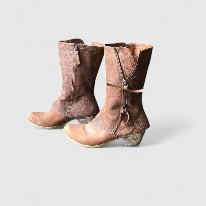 Women's Brown Leather Mid Calf Boots - Brown