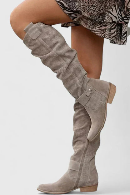 Women's Khaki Suede Slouch Knee High Boots - Khaki