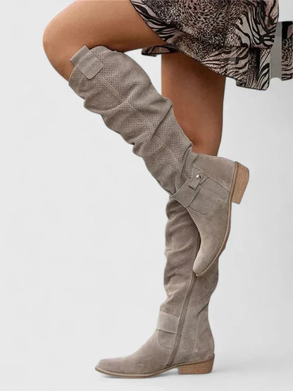 Women's Khaki Suede Slouch Knee High Boots - Khaki