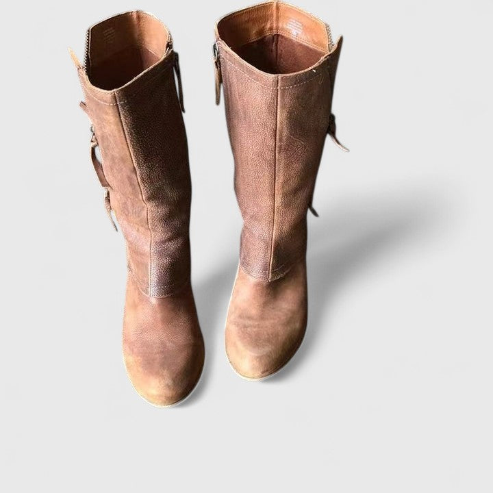 Women's Brown Leather Mid Calf Boots - Brown