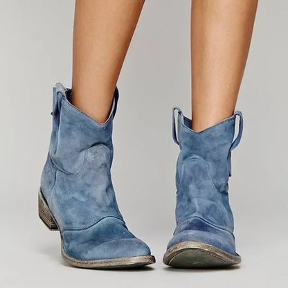 Women's Suede Western Ankle Boots - Blue