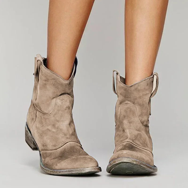Women's Suede Western Ankle Boots - Brown