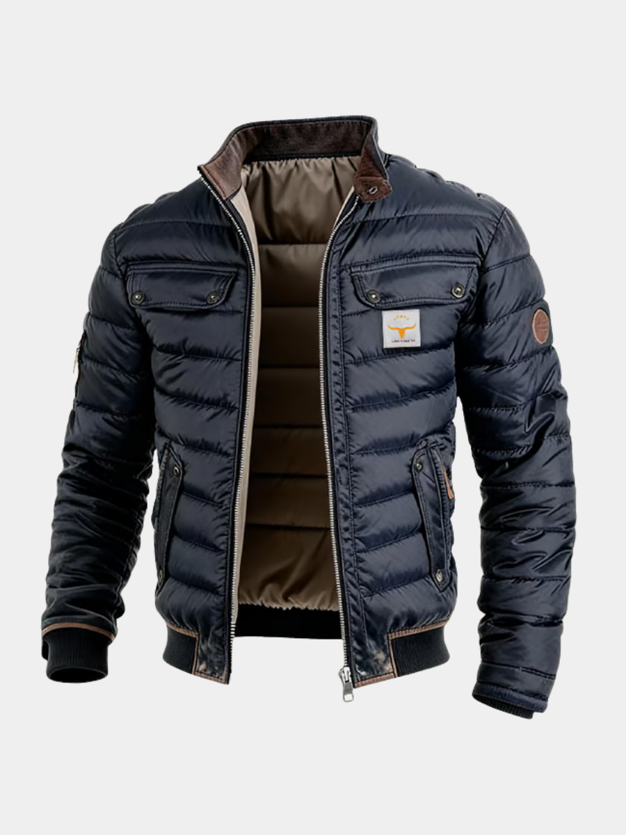 Men's Quilted Stand Collar Jacket - Navy Blue