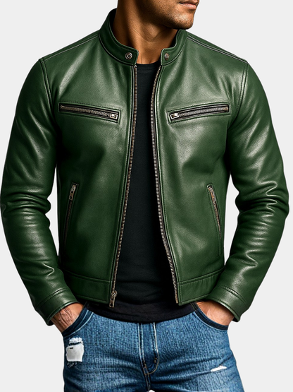 Men's Leather Biker Jacket - Green