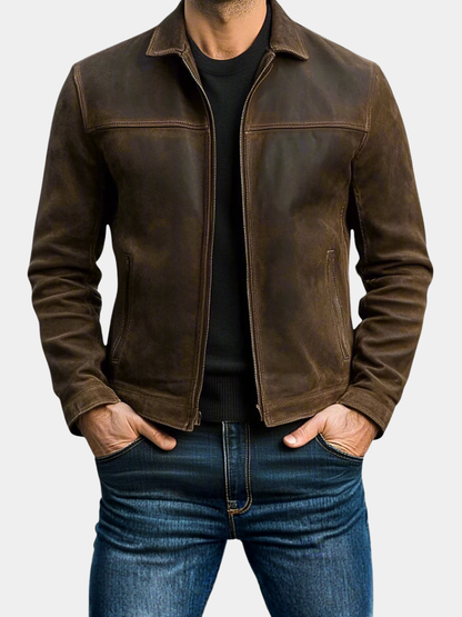 Men's Leather Zip Jacket - Brown