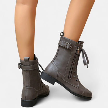 Women's Leather Lace Up Combat Boots - Caramel