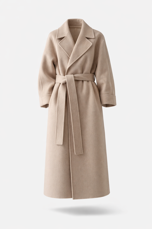 Women's Knitted Belted Straight Coat - Beige
