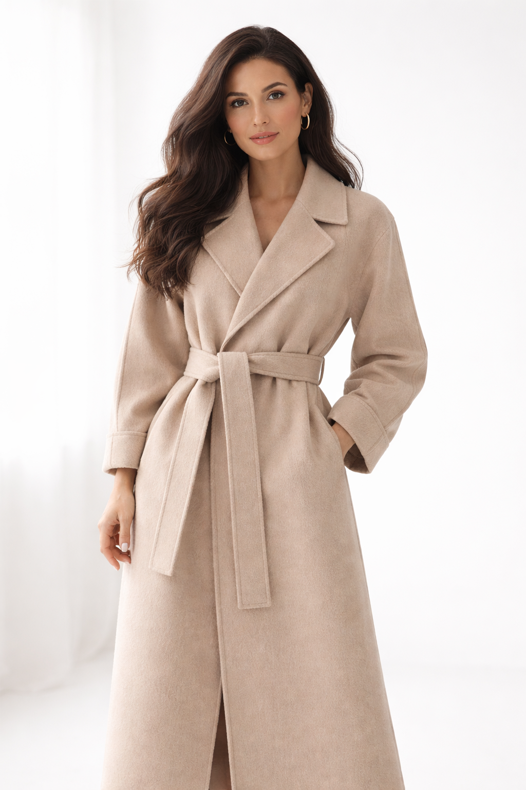 Women's Knitted Belted Straight Coat - Beige