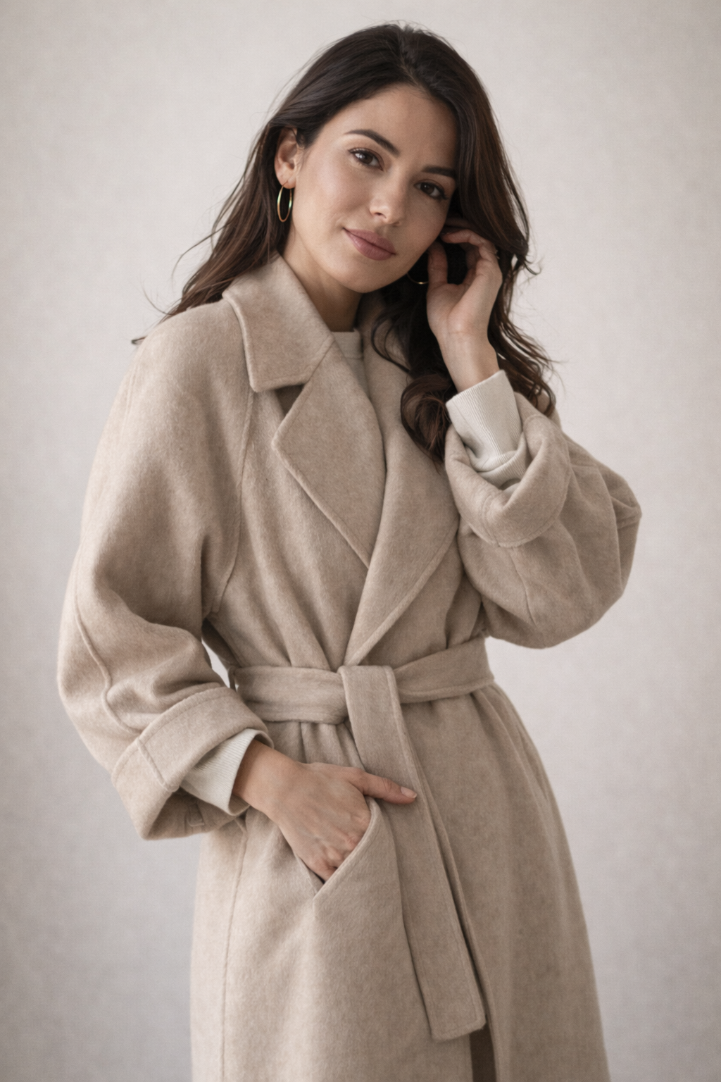 Women's Knitted Belted Straight Coat - Beige