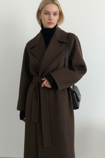 Women's Knitted Belted Straight Coat - Brown
