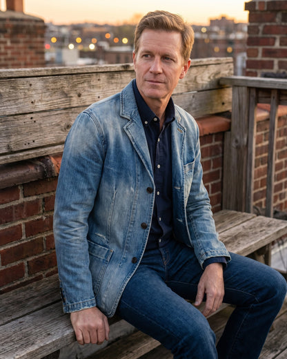 Men's Washed Denim Blazer - Green