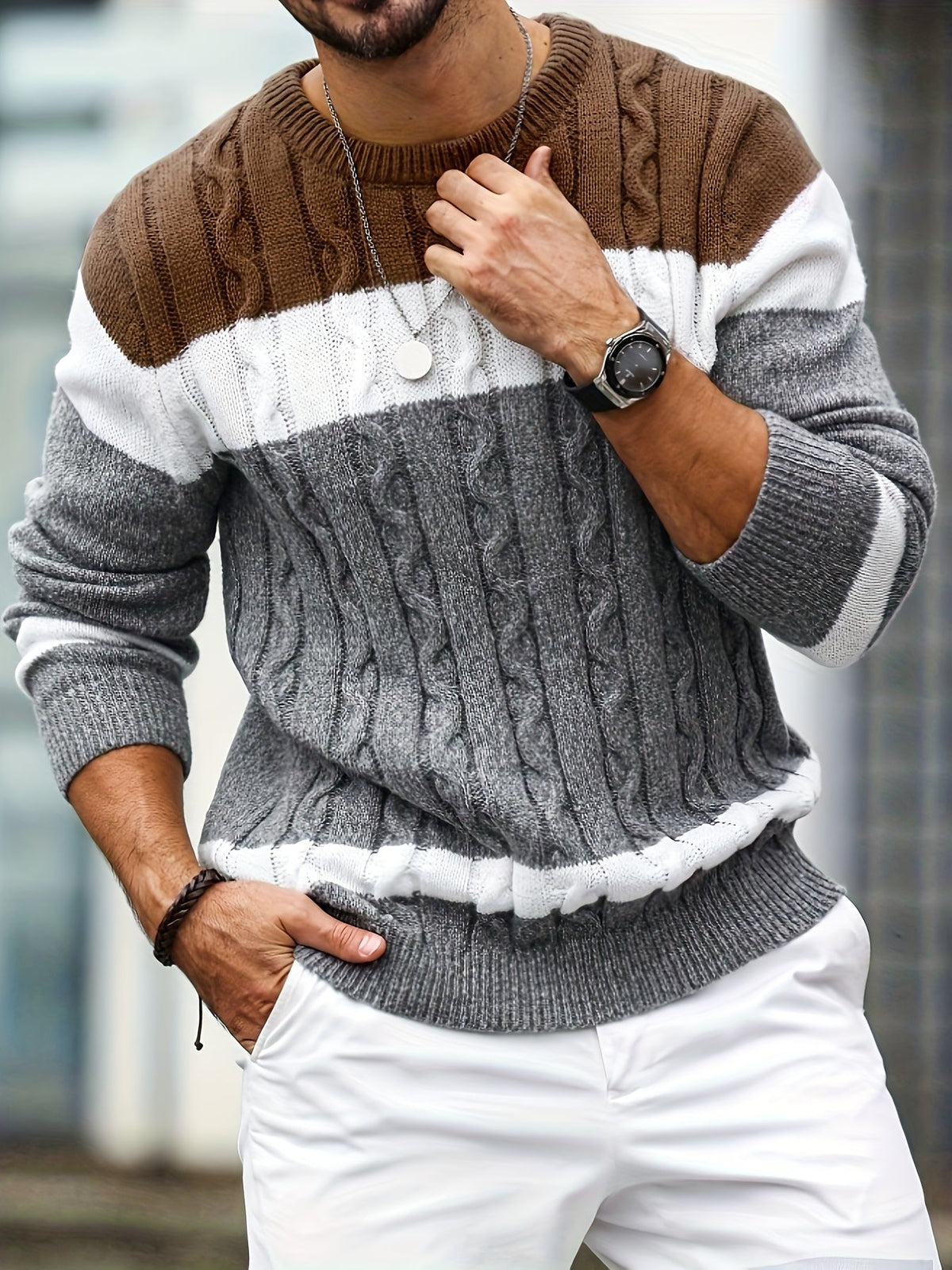 Men's Colorblock Cable Knit Sweater - Brown