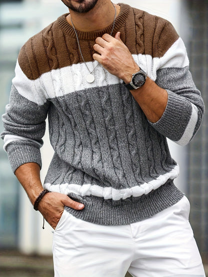 Men's Colorblock Cable Knit Sweater - Brown