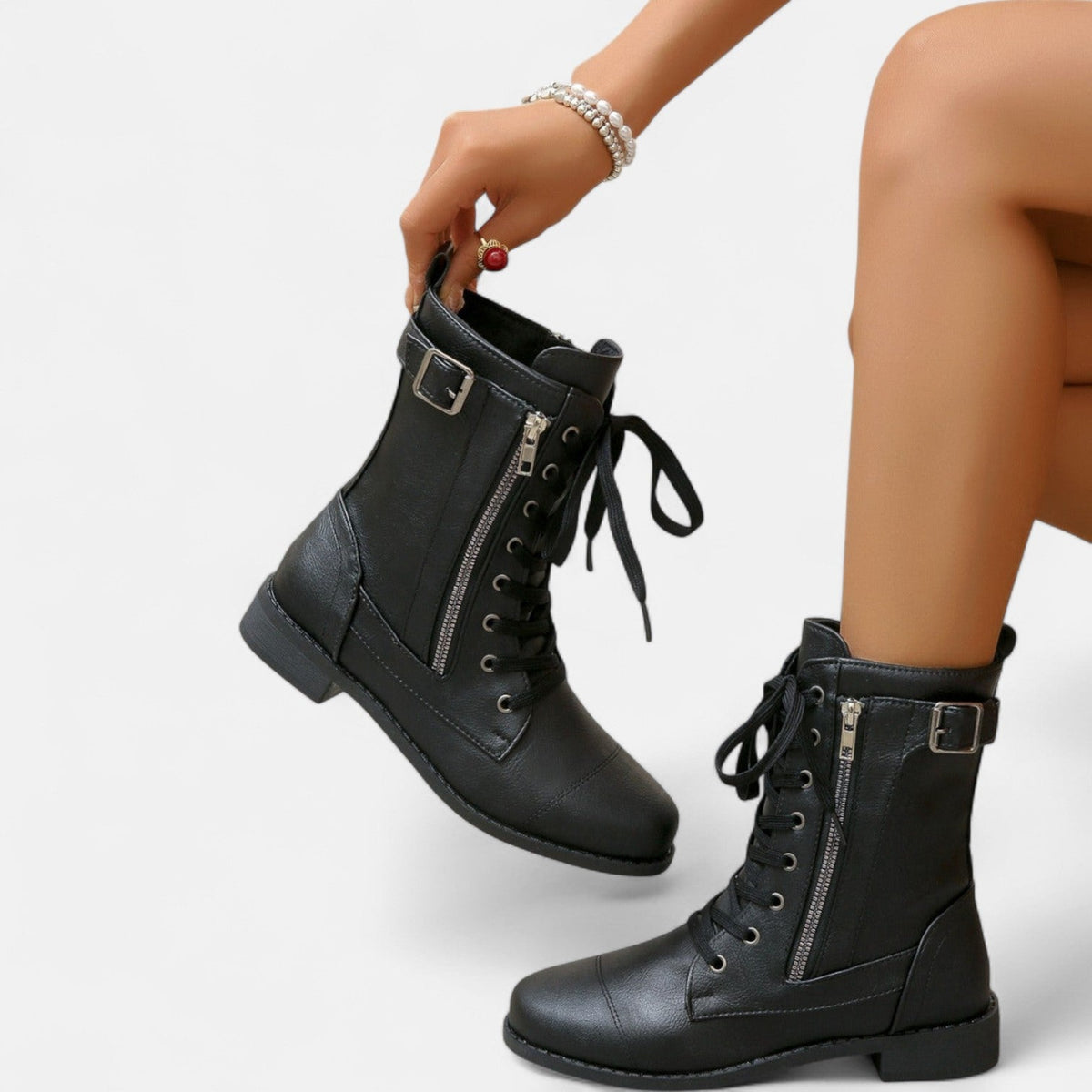 Women's Leather Lace Up Combat Boots - Black