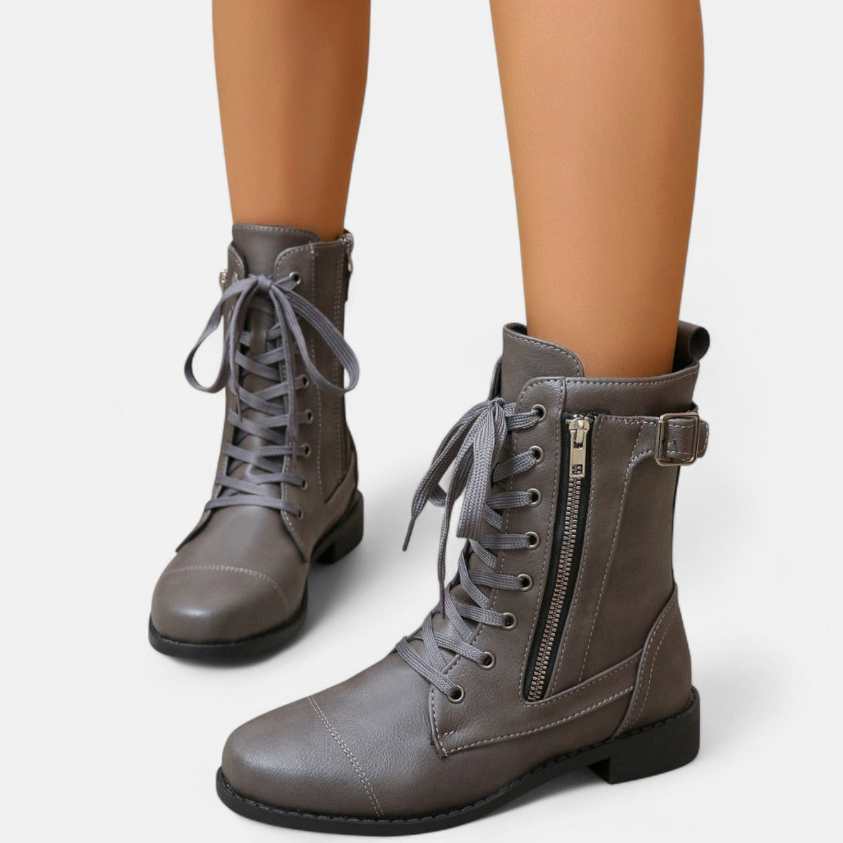 Women's Leather Lace Up Combat Boots - Black