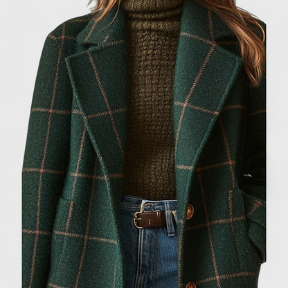 Women's Wool Check Coat - Dark Green