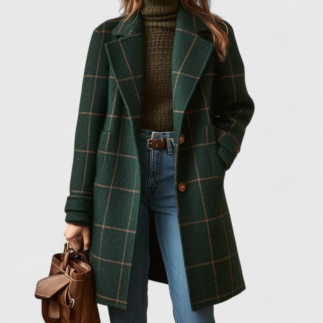 Women's Wool Check Coat - Dark Green