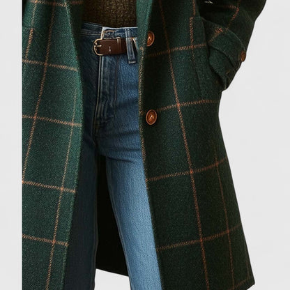 Women's Wool Check Coat - Dark Green