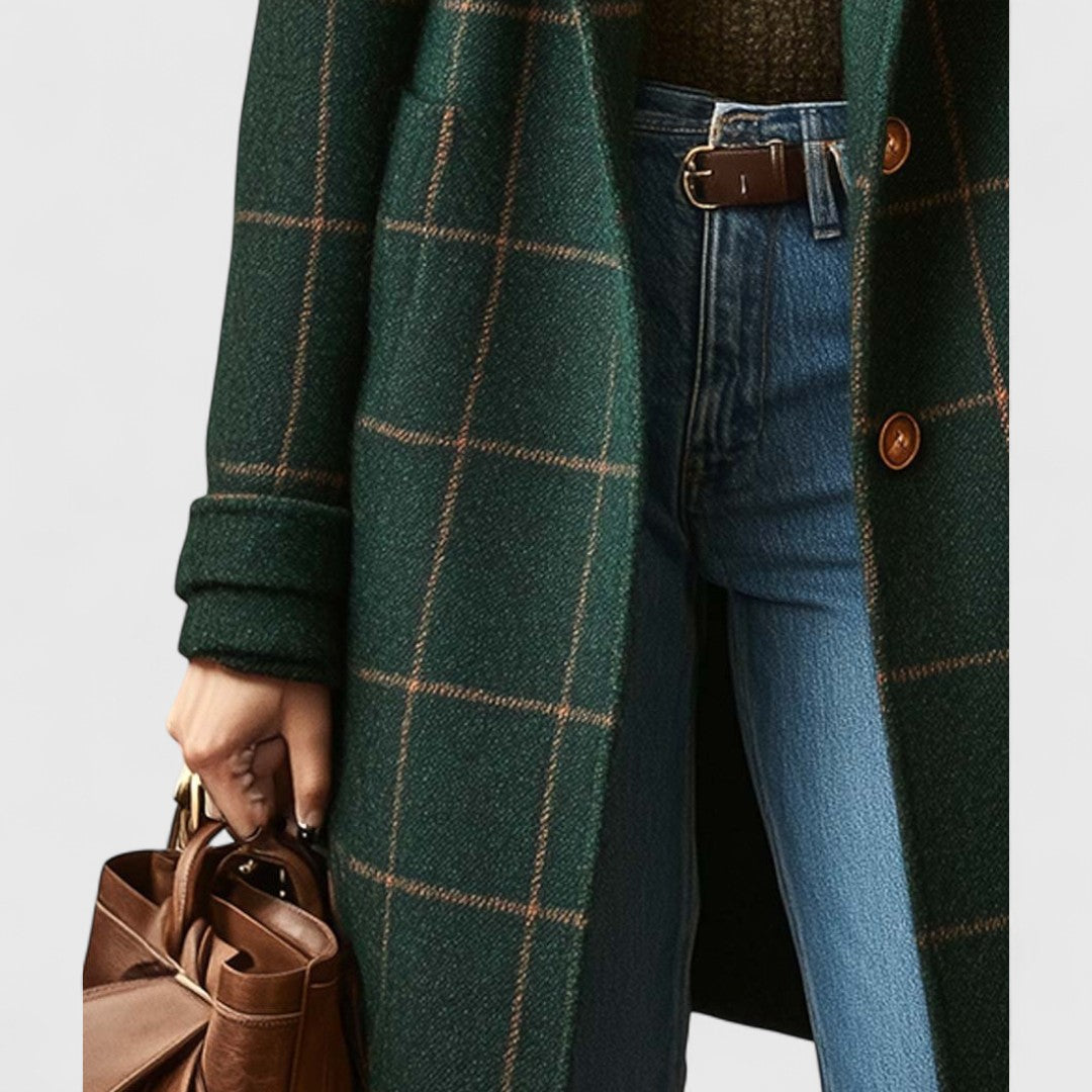 Women's Wool Check Coat - Dark Green