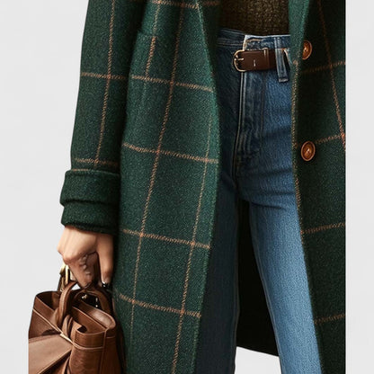 Women's Wool Check Coat - Dark Green