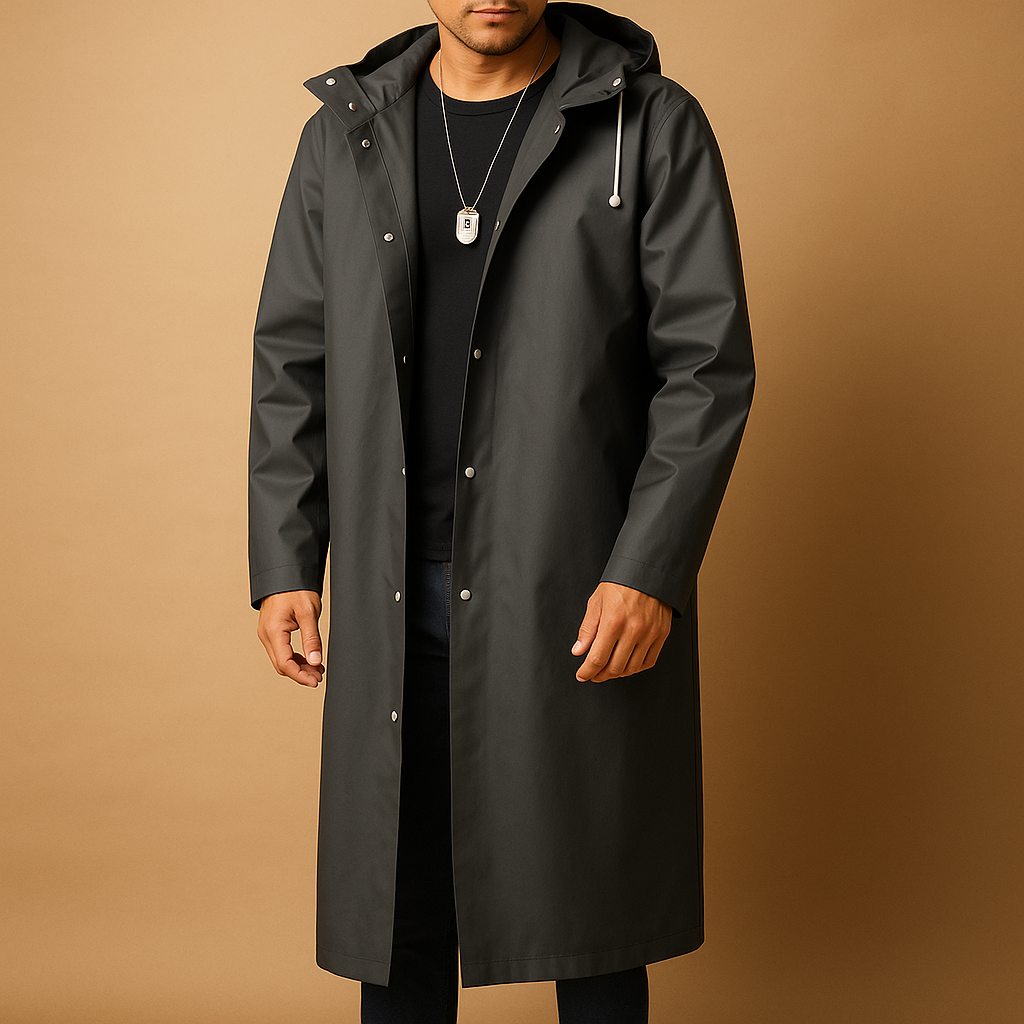 Men's Long Waterproof Raincoat - Black