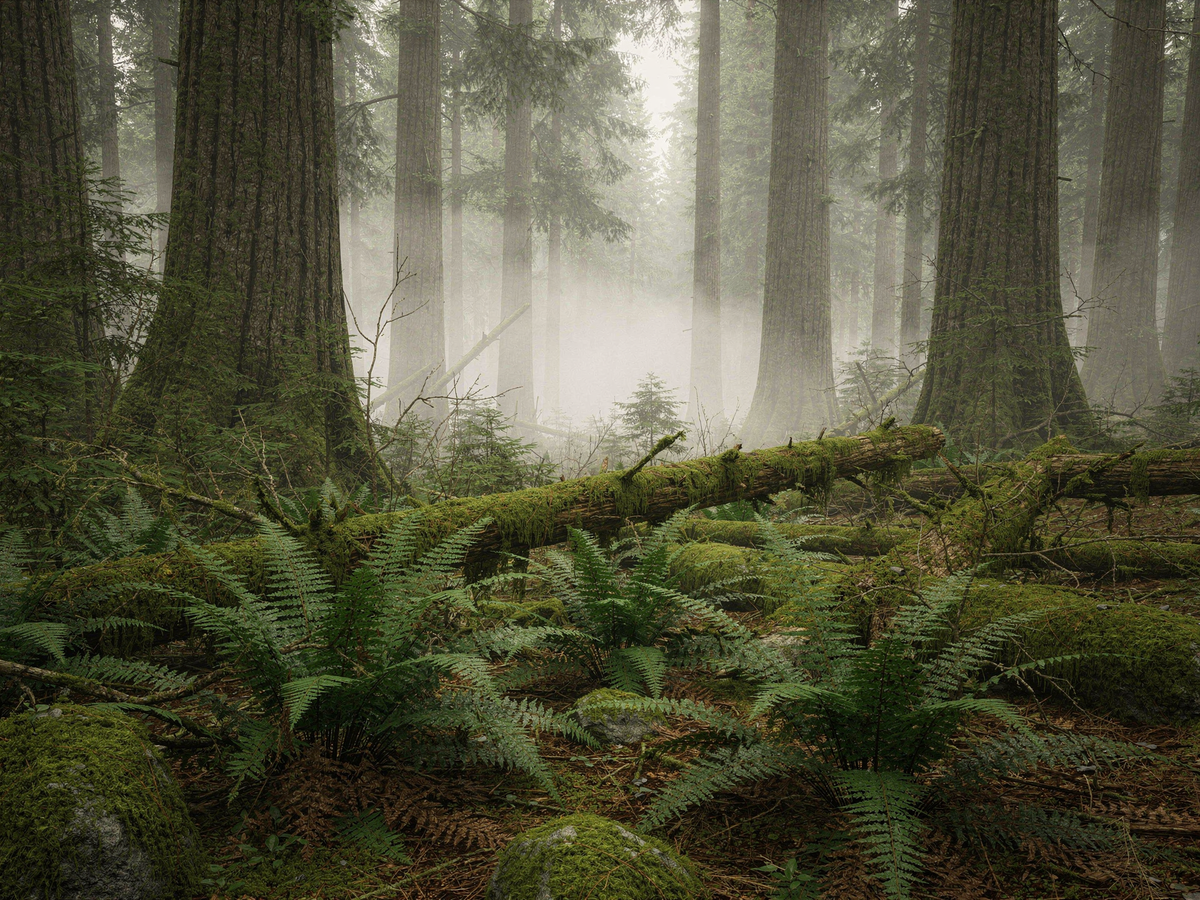 Fog drifting between Douglas fir trunks over a floor of sword ferns and mossy logs