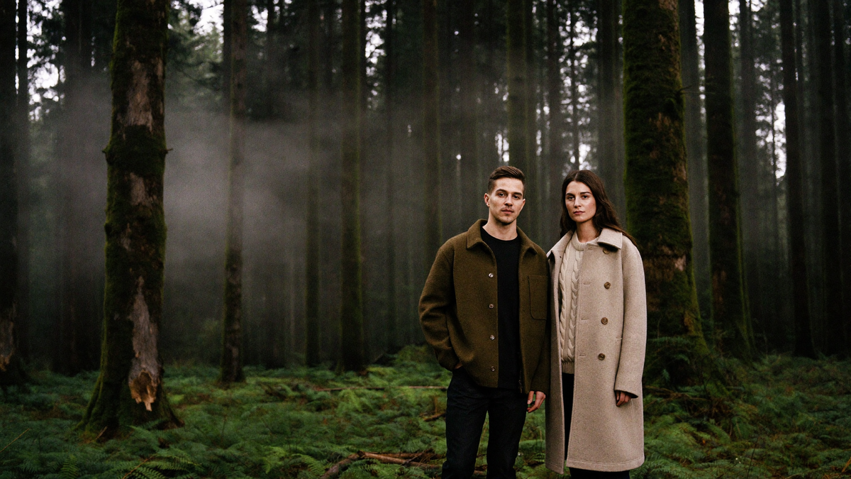 A man in an olive wool overshirt and a woman in a long oatmeal wool coat standing in a foggy old-growth Oregon forest