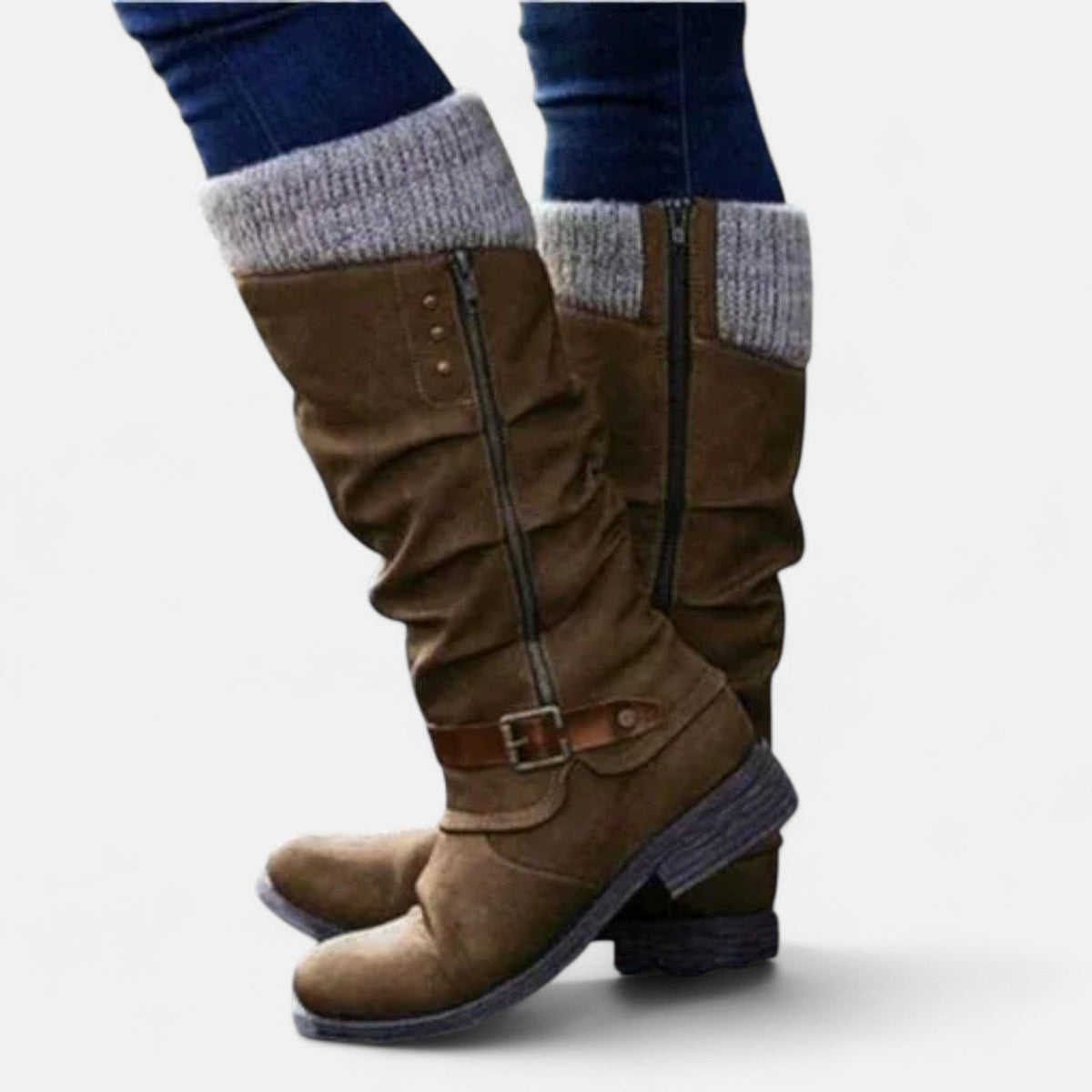 Women's Knit Cuff Knee High Boots - Brown