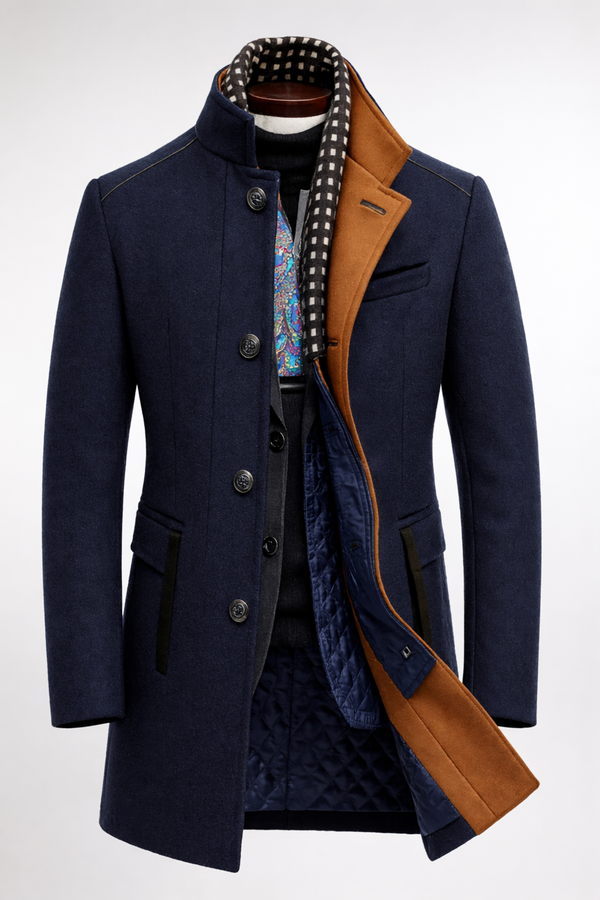 Women's Wool Colorblock Structured Coat - Navy Blue