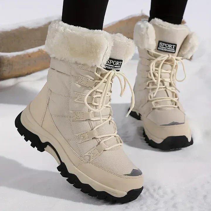 Women's Faux Fur Lined Lace Up Snow Boots - Beige