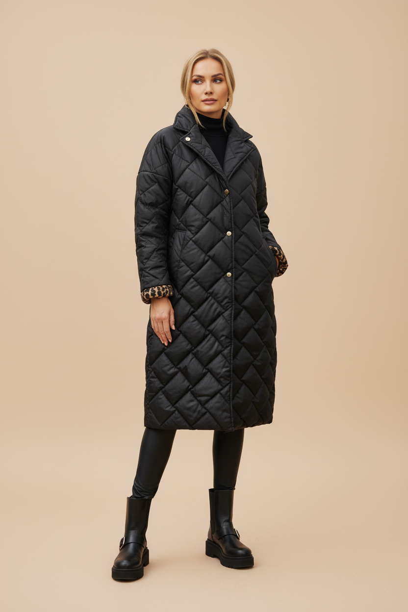 Women's Quilted Mid Length Coat - Black