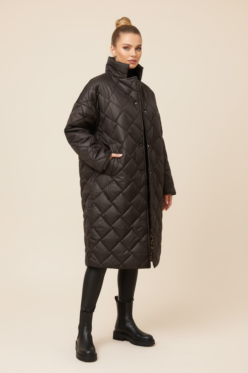 Women's Quilted Mid Length Coat - Black