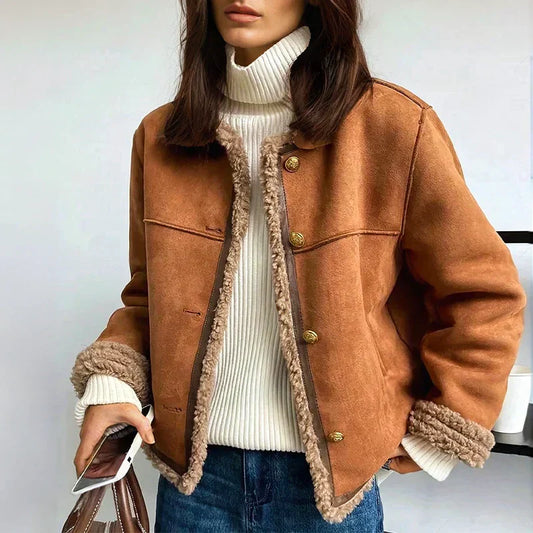 Women's Faux Sheepskin Button Jacket - Brown