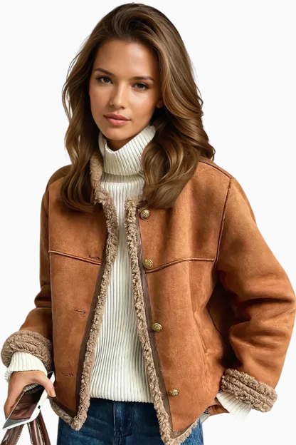 Women's Faux Sheepskin Button Jacket - Brown