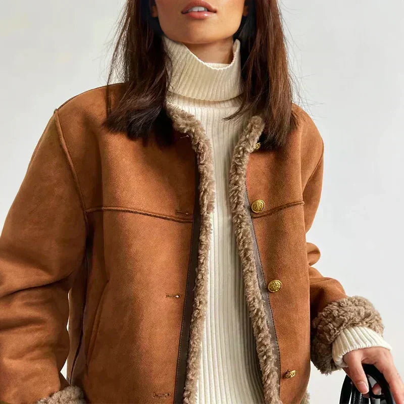 Women's Faux Sheepskin Button Jacket - Brown
