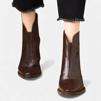 Women's Leather Square Toe Ankle Boots - Brown