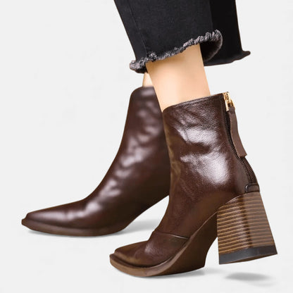 Women's Leather Square Toe Ankle Boots - Brown